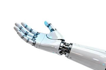 Open robotic hand gesture on transparent background, versatile png clipart for AI assistance, customer service, offering concepts, tech presentations, app interfaces, and infographics.