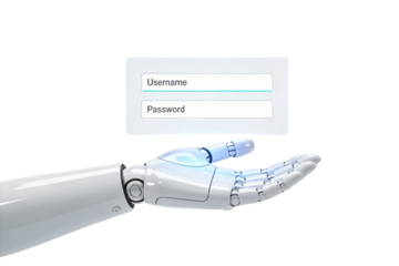 Robotic hand presenting a login form with username and password fields on transparent background, ideal png clipart for authentication screens, cybersecurity UI, access control systems and digital