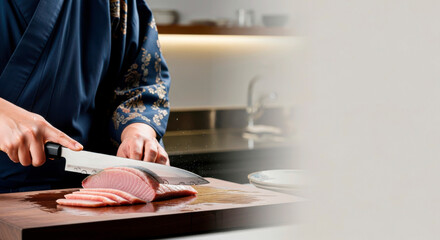Man in traditional clothing slicing fish on wooden cutting board