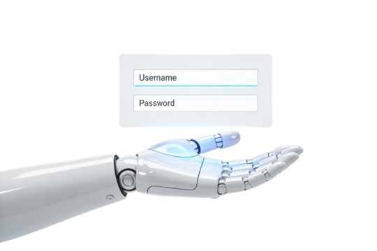 Robotic hand presenting a login form with username and password fields on transparent background, ideal png clipart for authentication screens, cybersecurity UI, access control systems and digital - Powered by Adobe