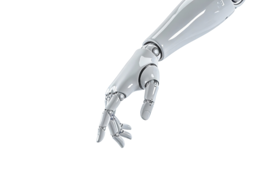 obotic hand reaching downward on transparent background, versatile png clipart for drag actions, drop zones, UI gestures, interaction design, tutorials and modern digital interface concepts. - Powered by Adobe