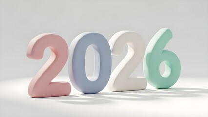 Minimalistic soft 2026 inscription with on white background. Banner design of winter Holiday day, celebration, Christmas greeting card for the upcoming year with copyspace.