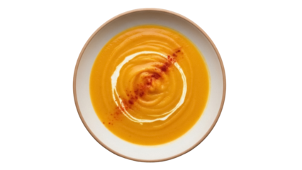 Isolated bowl of creamy pumpkin soup or squash soup, swirl of cream and paprika garnish