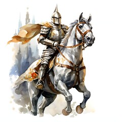 Noble knight in shining armor riding a majestic horse against city backdrop