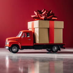 Red truck carries large gift box with bow against plain background during holiday season