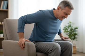 A man in a blue sweater experiences difficulty getting up from a chair in his living room. He shows signs of discomfort as he tries to rise during daylight