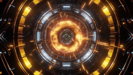 Sci-fi tunnel with a fiery vortex at the end, digital art creating a futuristic and intense atmosphere