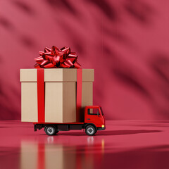 Gift delivery in a small red truck with a large present on a plain background during festive season