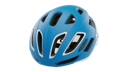 Isolated cycling helmet, light blue sport equipment for bicycle rider and safety, head protection