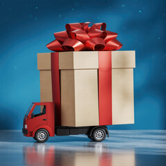 Red truck carries large gift box with bow on top against blue background