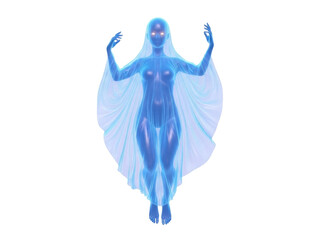 Isolated ethereal spirit or angel in diaphanous gown with arms raised and glowing eyes looking ahead