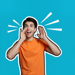 Young man with hands near mouth shouting with excitement against blue background