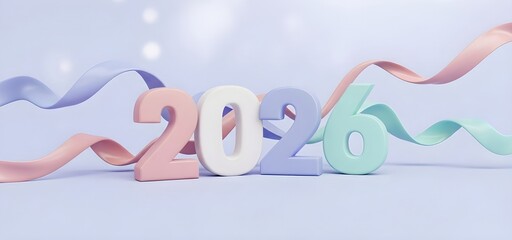 Cute New Year 2026 inscription with pastel ribbon on lilac background. Banner design of winter Holiday day, celebration, Christmas greeting card for the upcoming year with copyspace.