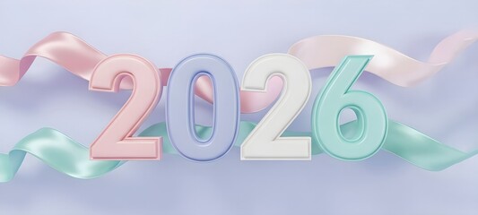 Cute New Year 2026 inscription with pastel ribbon on lilac background. Banner design of winter Holiday day, celebration, Christmas greeting card for the upcoming year with copyspace.
