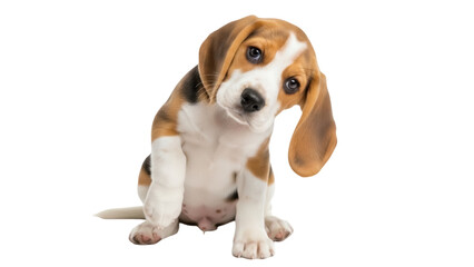 Isolated beagle puppy tilting head, curious expression, close up, playful attitude, cute dog
