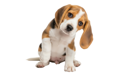 Isolated beagle puppy tilting head, curious expression, close up, playful attitude, cute dog