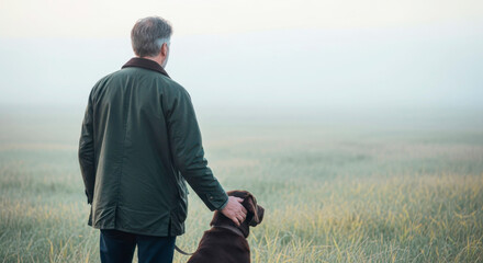 Man standing in field with dog gazing at misty landscape  