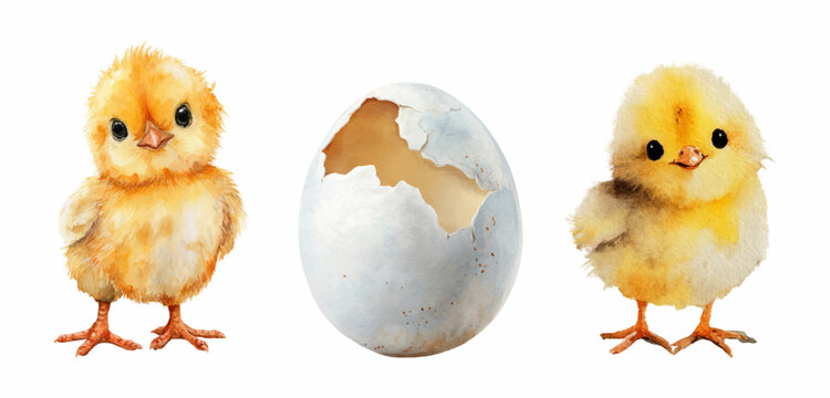 Watercolor set of baby chicks with broken eggshell. Cute spring and elk elements. Chicks hatched from an egg. Vector illustration.