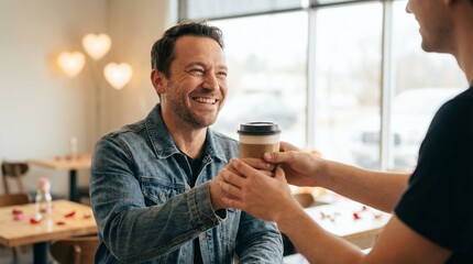 Man smiling while receiving coffee from barista in cozy cafe  