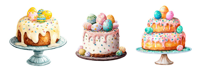 Watercolor Easter cake set with colorful sprinkles and glaze. Hand-drawn spring dessert illustrations featuring decorated eggs, panettone, and festive pastries.