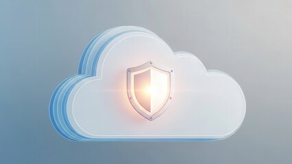 A shimmering shield icon embedded within a layered, translucent cloud graphic powerfully symbolizes robust data protection and secure cloud computing infrastructure.