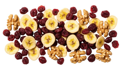 Isolated dried banana chips, walnuts, cranberries. Healthy, organic, nutrient-rich snack mix