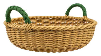 Isolated woven basket with green handles, rustic container to carry or hold items