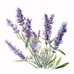 Naklejka premium Watercolor painting depicting an isolated bunch of vibrant lavender flowers with green stems and leaves