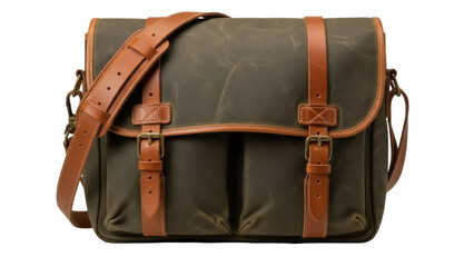 Isolated canvas briefcase with leather straps is fashionable, classic for working men