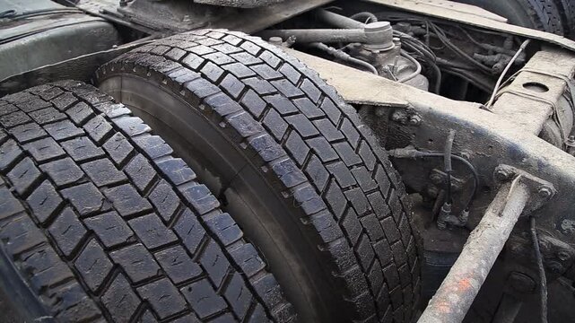 Dirty heavy-duty truck tires. Robust blocky tread. Tires on grimy chassis. Scene emphasizes industrial equipment ruggedness, heavy use, demanding operations.