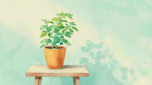 watercolor illustration of potted plant on cafe table, pastel mint background, minimal lifestyle decor 