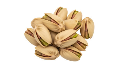 Isolated pile of opened pistachios ready to eat nutritious snack food on clean surface