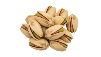 Isolated pile of opened pistachios ready to eat nutritious snack food on clean surface