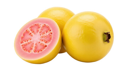Isolated Fresh Yellow Guava Fruit with a Pink Interior and Seeds, One Half with Two Whole Fruits