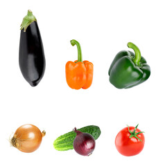 fresh and vibrant assortment of garden vegetables including eggplant, peppers, onion, cucumber, and tomato in a studio shot photograph