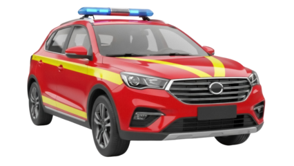 Isolated First Responder SUV vehicle, bright red with yellow stripes, emergency lights on top