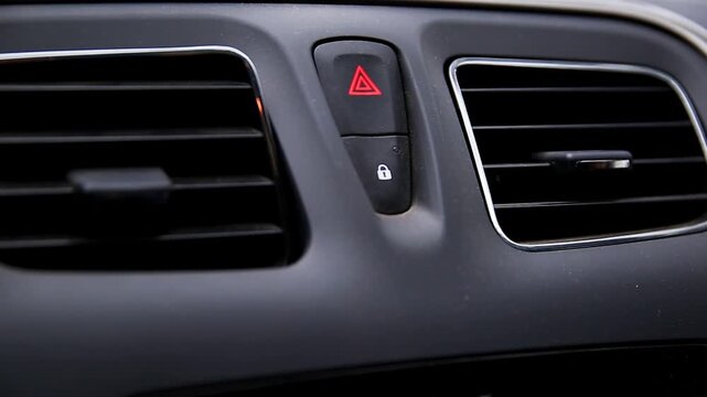 Car dashboard view with red hazard warning light blinking. Air conditioning vents with chrome detail and central door lock button featured. Vehicle interior functions.