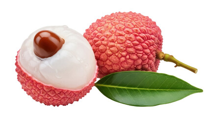 Isolated Lychee fruit with its seed and a leaf, also known as Litchi chinensis, is sweet and tasty