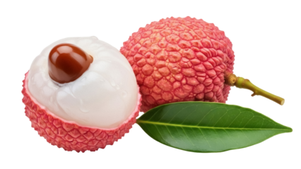 Isolated Lychee fruit with its seed and a leaf, also known as Litchi chinensis, is sweet and tasty
