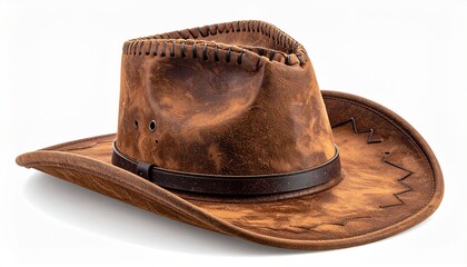 Distressed leather cowboy hat with wide brim and creased crown, radiating rugged Western charm.