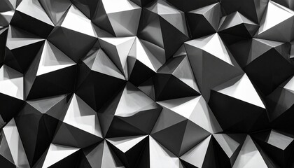 Tessellated triangular surface in black, white, and gray forms abstract geometric depth and shadow.