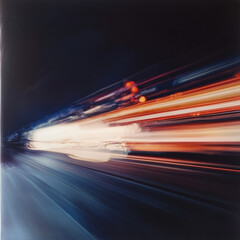 The concept of light in warped space. A blurred illustration of high-speed movement, a rapid flow in flashes of light.