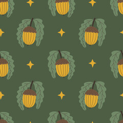 Golden Acorn Seamless Pattern. Magical Oak Leaves and Nature Elements with sparkles in hand drawn childish style. Repeat vector illustration for children