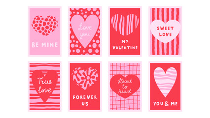 Romantic Quote Posters Set. Trendy Playful Minimal 2:3 ratio artwork collection. Hand drawn Heart shape texture and Inspirational Love Phrase. Vector illustration