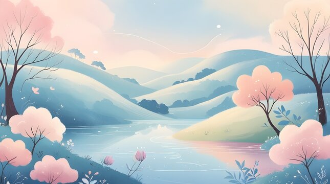 Serene landscape with pink trees and rolling hills by a lake