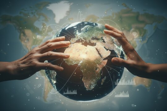 Hands are reaching towards a brightly lit globe, symbolizing global unity and technological advancements. The background features a world map with digital elements