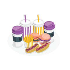 Fast food illustration set with burgers, fries, hot dogs and coffee cups, flat vector design