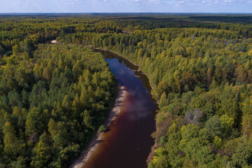 The Mezha River in the forests of Kostroma region on a September day (aerial photography). Russia