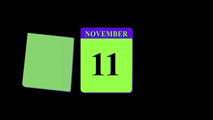 November calendar page turning animation from 1st to 30th on black background, monthly date flip countdown, schedule planning deadline countdown and date change transition, time passing concept,