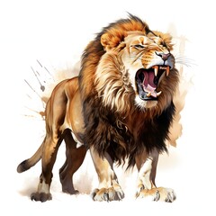 Obraz premium Watercolor painting of a majestic lion roaring with a powerful stance and detailed mane